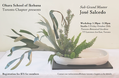 Workshop 1:30pm to 3:30pm with Sub Grand Master José Salcedo Friday October 20 at TBG Studio 1, contact webmistress@ohara-toronto-chapter.ca for registration